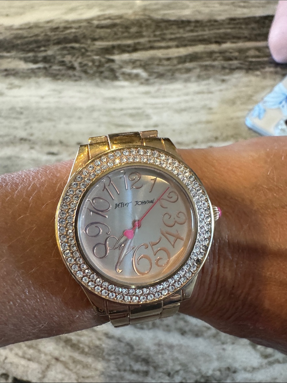 Betsey Johnson Gold-Tone Crystal Bracelet Watch with Pink Crown Accent